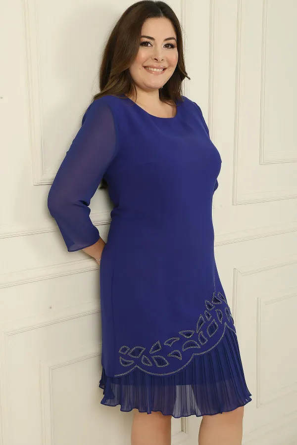 Plus Size Crepe Dress with Chiffon Pleated Sleeves and Stone Detail on the Hem