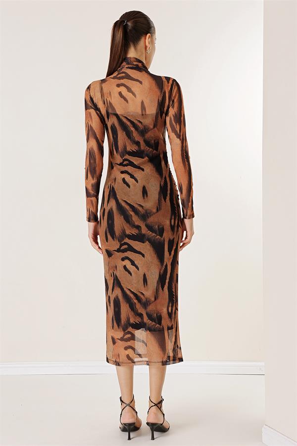 Leopar Desenli Önü Büzgülü Astarlı Tül Elbise