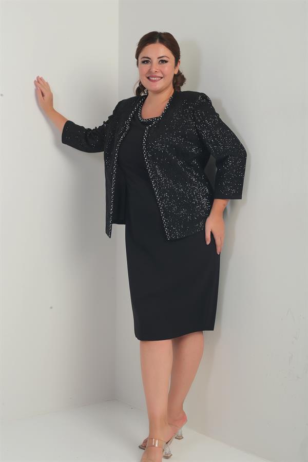 Women's Sleeveless Lined Dress with Sequin Embellished Jacket and Stone Detail, Plus Size Two-Piece Set