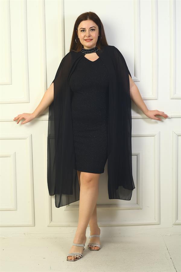 Women's V-Neck Lined Plus Size Glitter Dress with Chiffon Cape