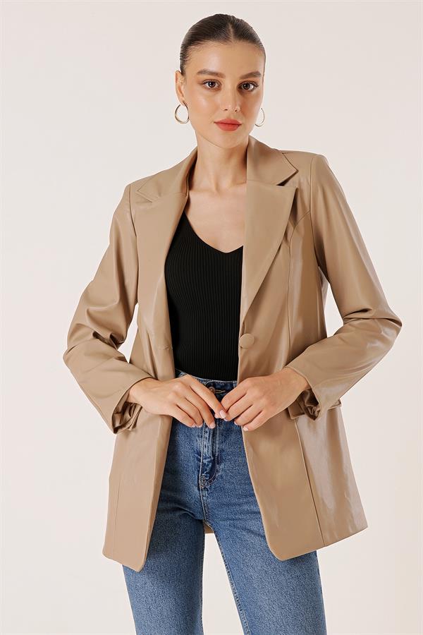 Çift Düğmeli Sahte Cepli Astarlı Deri Ceket