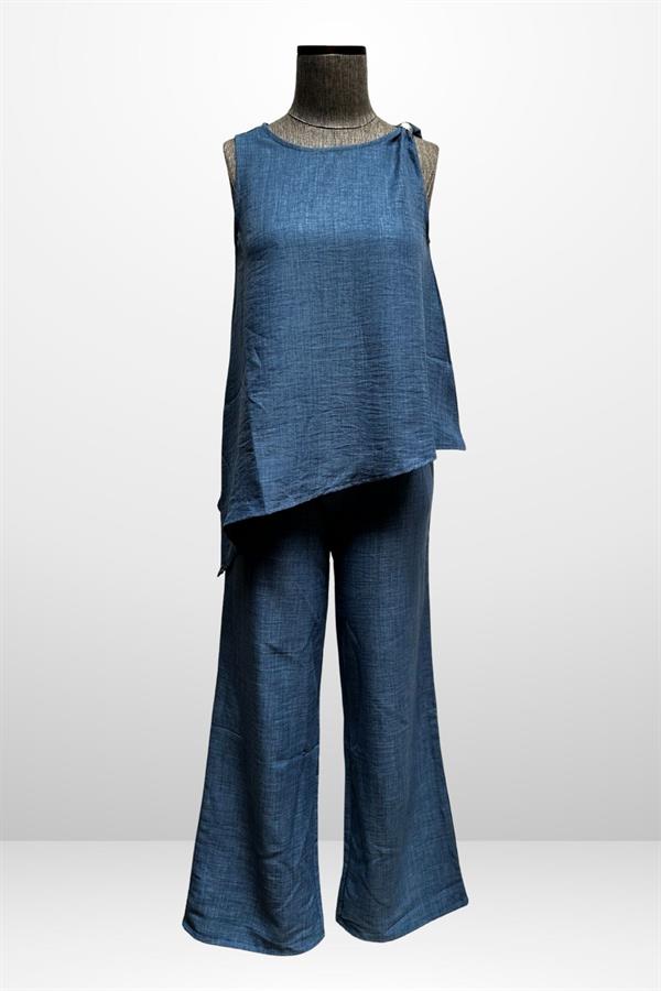 Kadın  Toka Detaylı Eteği Asimetrik Bluz Beli Lastikli Cepli Palazzo Pantolon Keten 2'li Takım