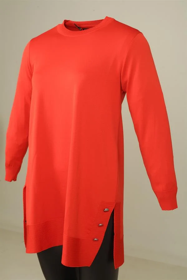 Kadın Yanları Düğme Detaylı Yırtmaçlı Büyük Beden Tunik Kazak