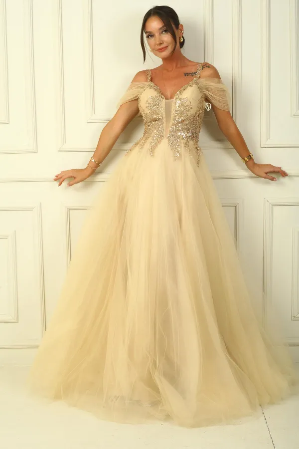 Long Tulle Dress with Beaded Top and Lace-Up Front Window