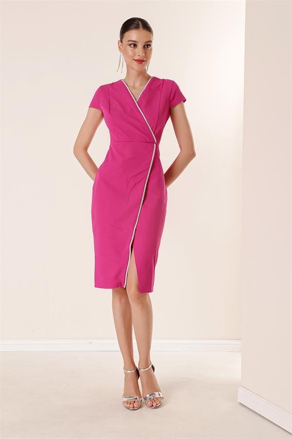 Wrap-neck, half-moon sleeve dress with stone details and front slit.