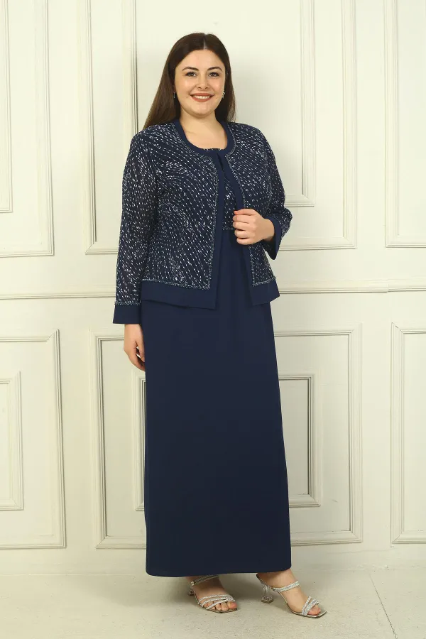 Women's Beaded and Sequin Embellished Tulle Jacket, Half-Moon Sleeve Long Dress, Lined, Plus Size Two-Piece Set