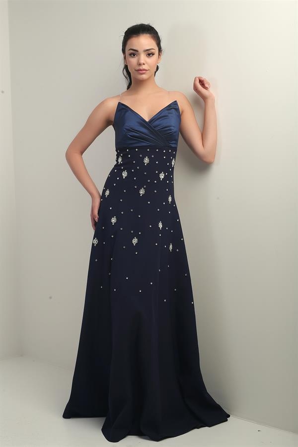 Robe longue évasée sans bretelles en taffetas pour femme avec double épissure de pierre