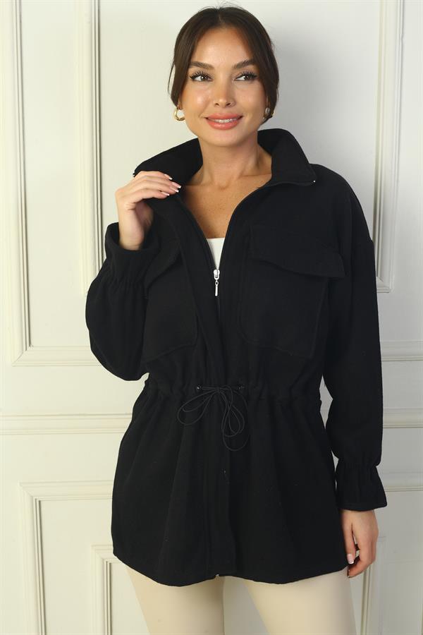 Manteau en cachemire pour femme avec fermeture éclair sur le devant, taille et poignets froncés, et double poche.