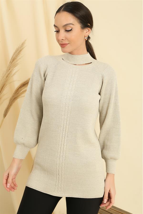 Low Neck Knitted Pattern Sports Tunic Sweater