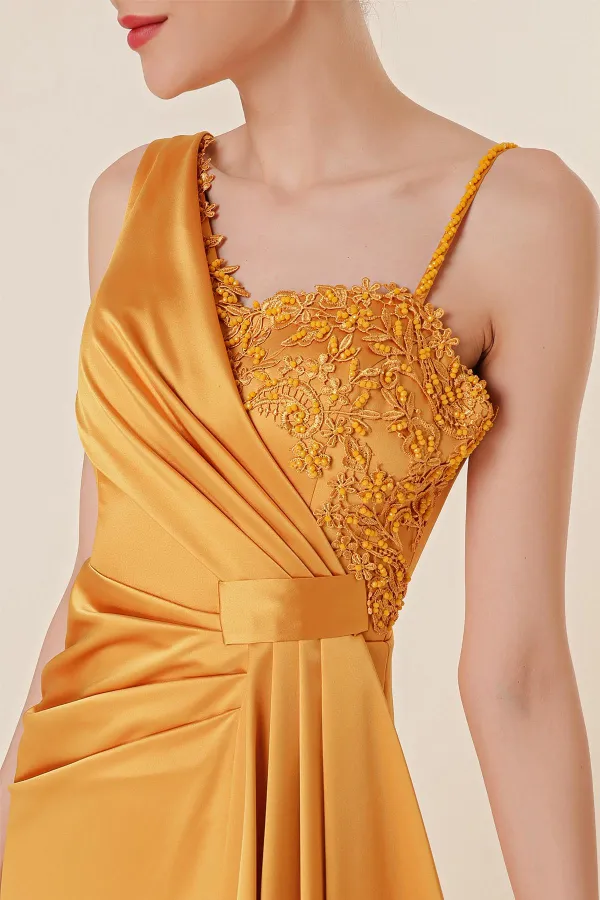 Long Satin Dress with One Side Rope Straps, Beaded Guipure Detail, Lining and Front Slit