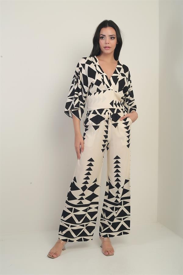 Women's Front Back V Neck Crop Blouse Elastic Waist Palazzo Pants with Pockets Triangle Pattern 2-Piece Set