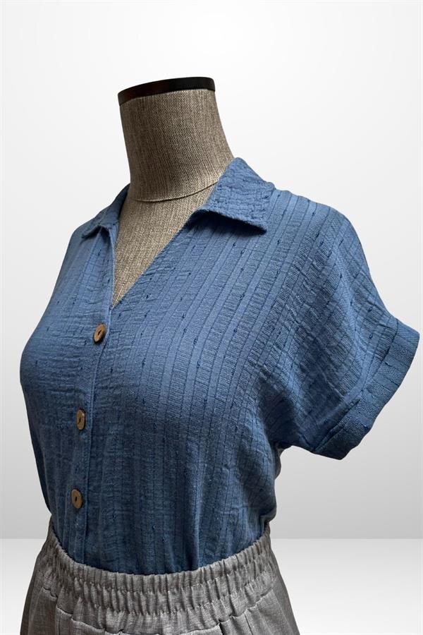 Kadın Polo Yaka Kendinden Desenli Keten Gömlek