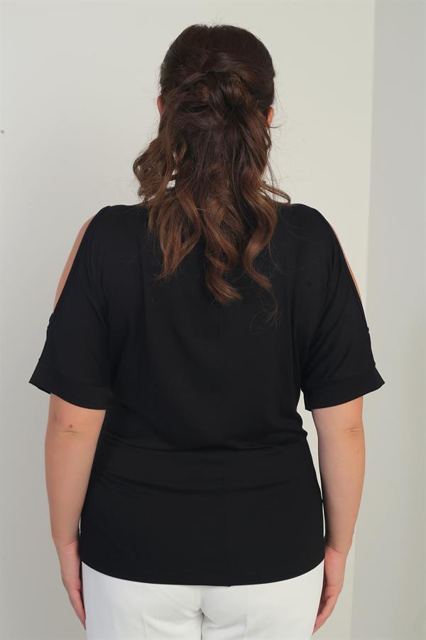 Kadın Yakası Taşlı Omuz Dekolteli Kısa Yarasa Kol Likralı Büyük Beden Bluz