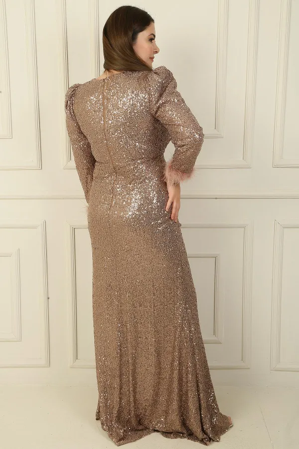 Kadın Önü Büzgülü V Yaka Kol Uçları Tüylü B.Beden Elbise