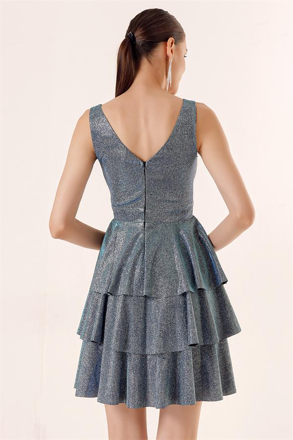 Ön Arka V Yaka Simli Katlı Elbise