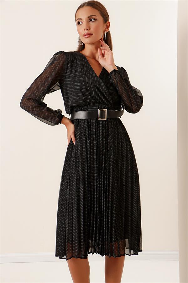 Wrap Neckline Belted Lined Polka Dot Pleated Chiffon Dress