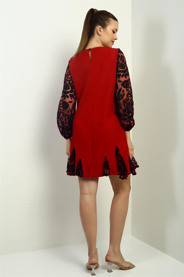 Women's Short Dress with Flocked Print on Sleeves and Hem, and Ruffled Detail.