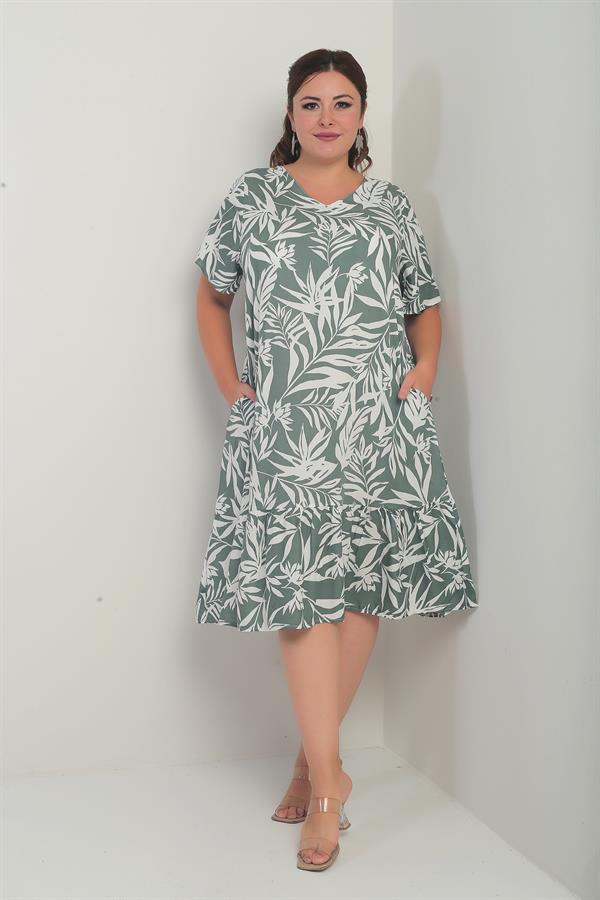 Kadın V Yaka Karışık Yaprak Desenli Cepli Eteği Fırfırlı Büyük Beden Elbise