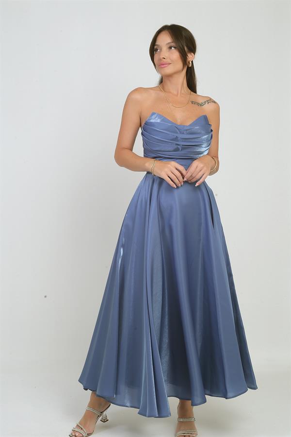 Robe midi bustier en satin organza doublée à col en V pour femme