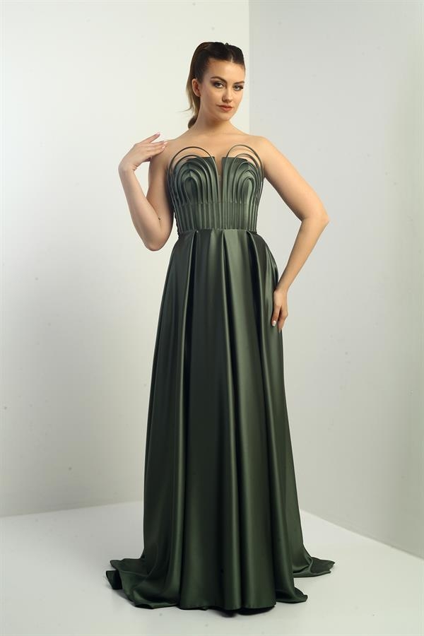 Women's Strapless, Lined, Front Underwire, Flared Long Satin Evening Dress with Pocket