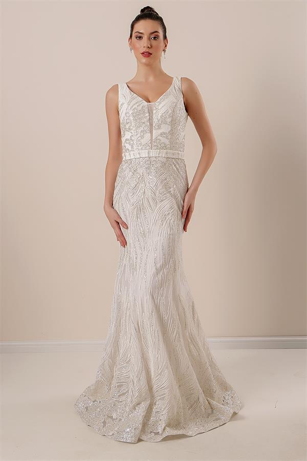 Thick Strapped Ghost Tulle Lined Glittery Long Dress