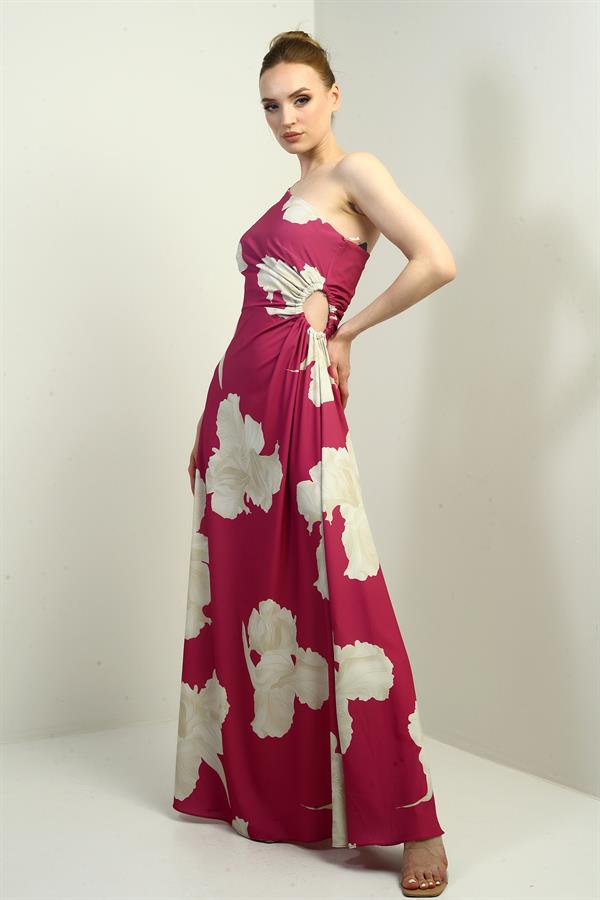 Kadın Tek Omuz Yandan Pencereli Büyük Yaprak Desenli Uzun Krep Saten Elbise