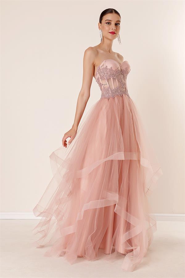 Long, Layered Tulle Taffeta Evening Dress with Beaded Embellishments
