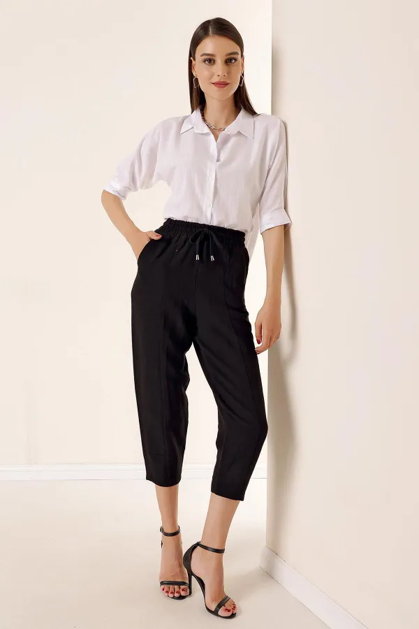 Keten Yıkamalı Beli Kuşaklı Cepli Balon Pantolon