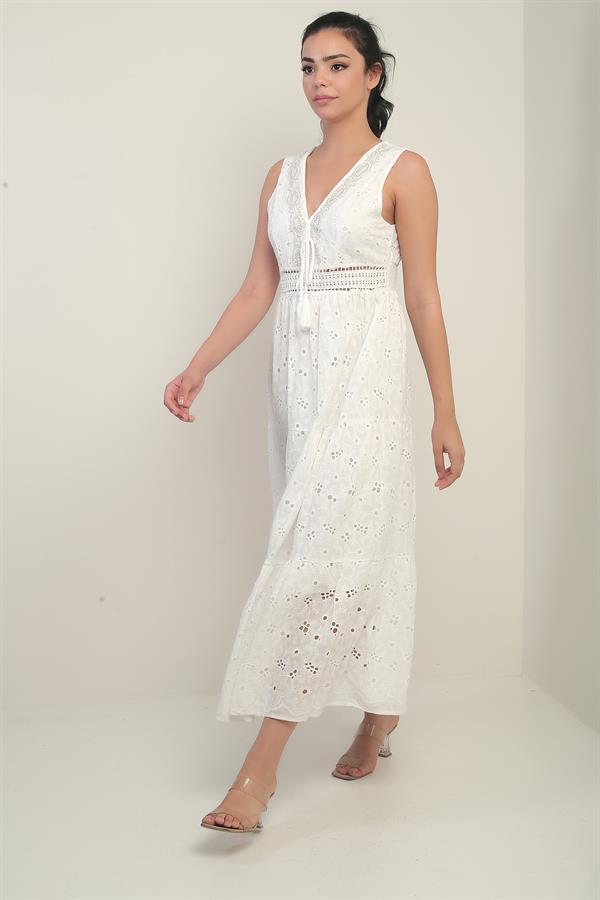 Women's Front and Back V-Neck Beaded Lined Midi Dress