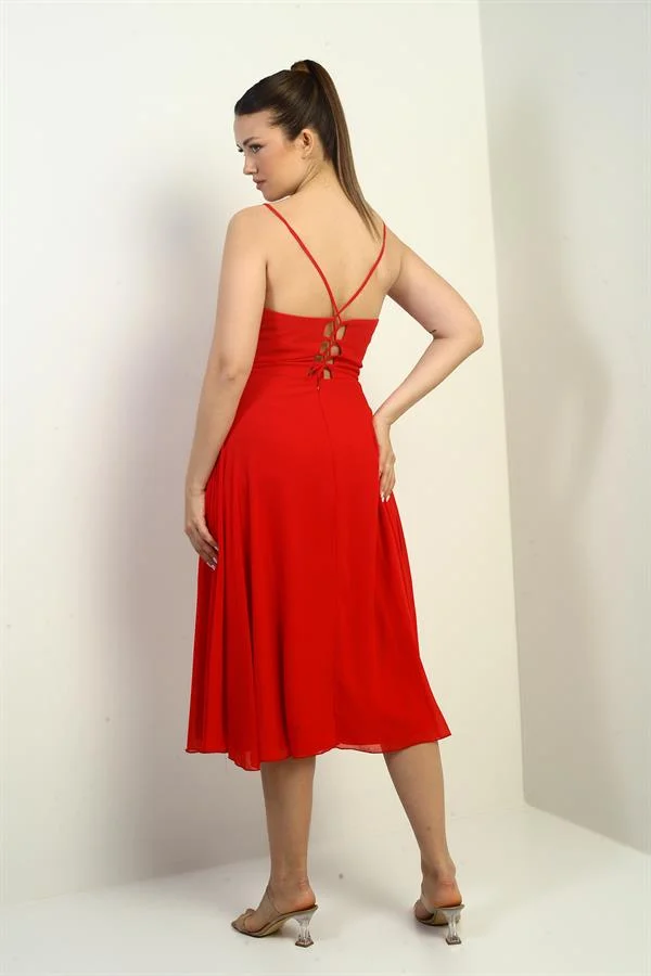 Women's Strappy Wrap Neckline Lined Lace-Up Back Flared Chiffon Dress