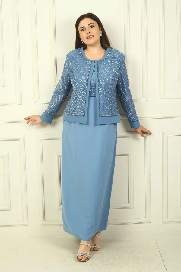 Women's Beaded and Sequin Embellished Tulle Jacket, Half-Moon Sleeve Long Dress, Lined, Plus Size Two-Piece Set