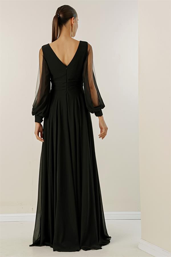 Front and back V-neck, draped front, tulle sleeves, lined, wide-length chiffon dress.