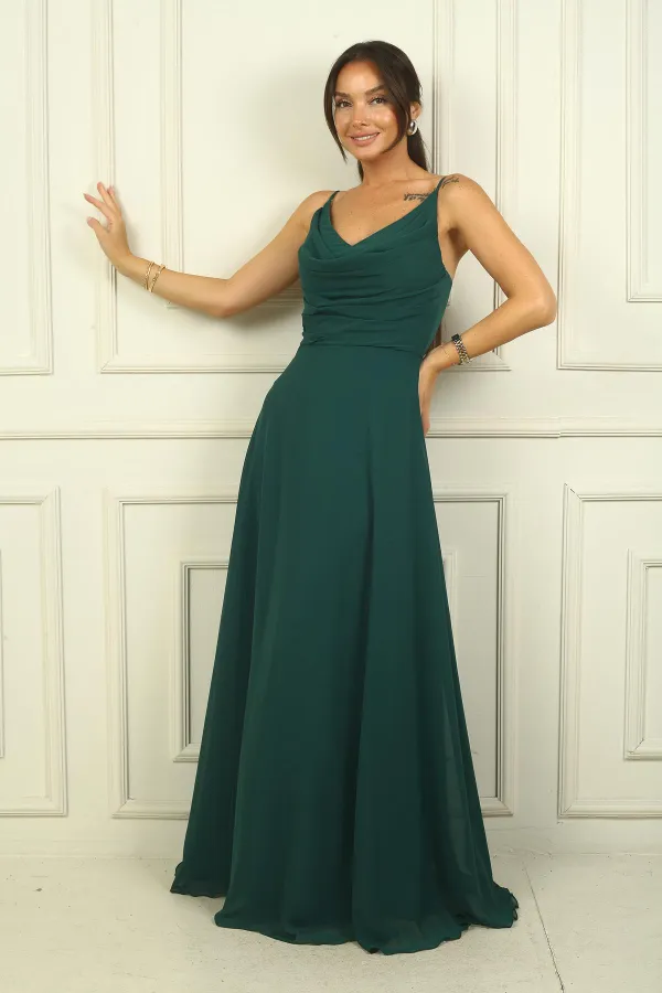 Women's Strappy Draped Lined Chiffon Long Dress