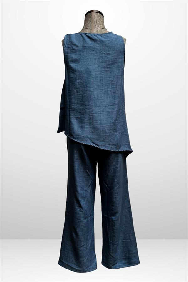 Kadın  Toka Detaylı Eteği Asimetrik Bluz Beli Lastikli Cepli Palazzo Pantolon Keten 2'li Takım