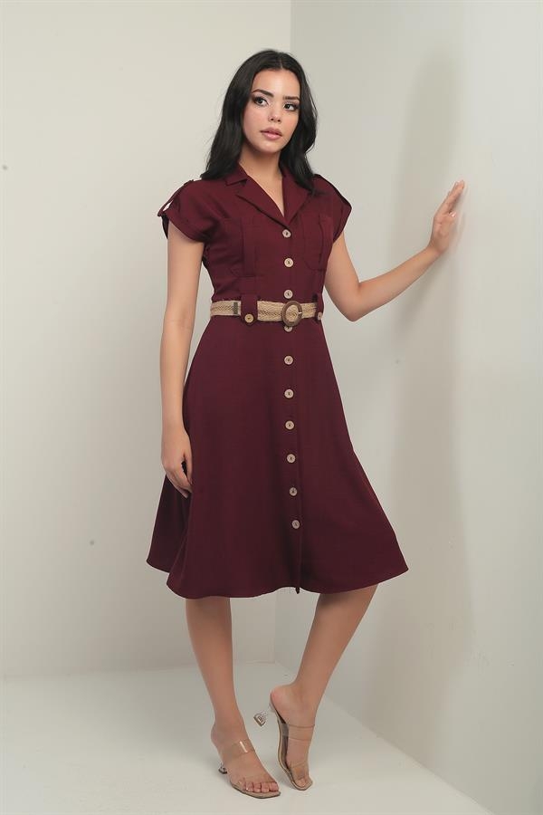 Women's Collared Off-Shoulder Double Pocket Belted Linen Effect Dress