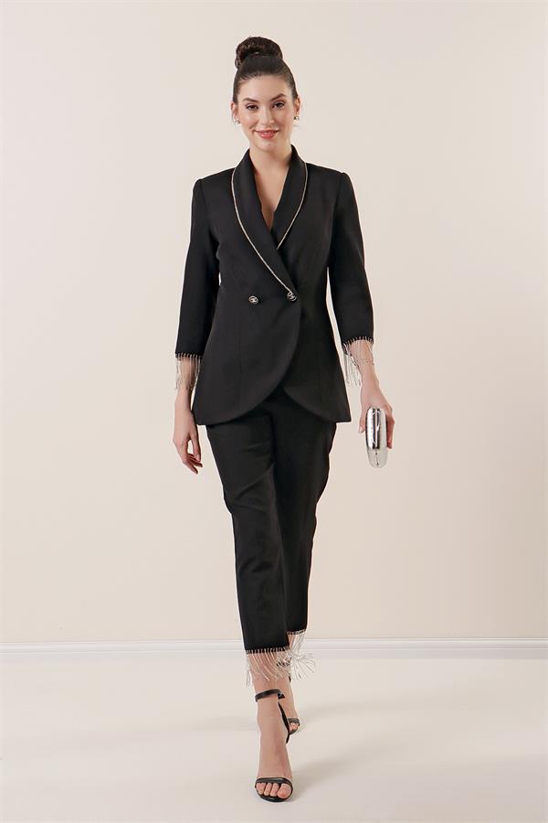 Yaka Ve Kol uçları Taş Zincir Detaylı Astarlı Ceket Cepli Pantolon 2'li Takım
