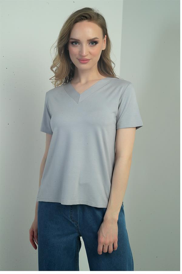 Chemisier à manches courtes et col en V pour femme avec fente