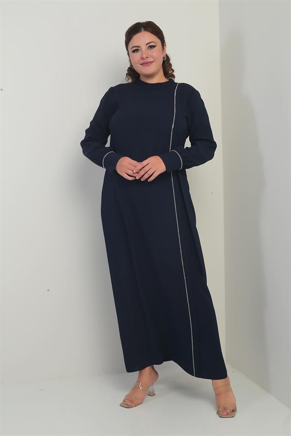 Women's Plus Size Long Crepe Dress with Zippered Sleeves, Stone Embellishments, and Side Tie Closure