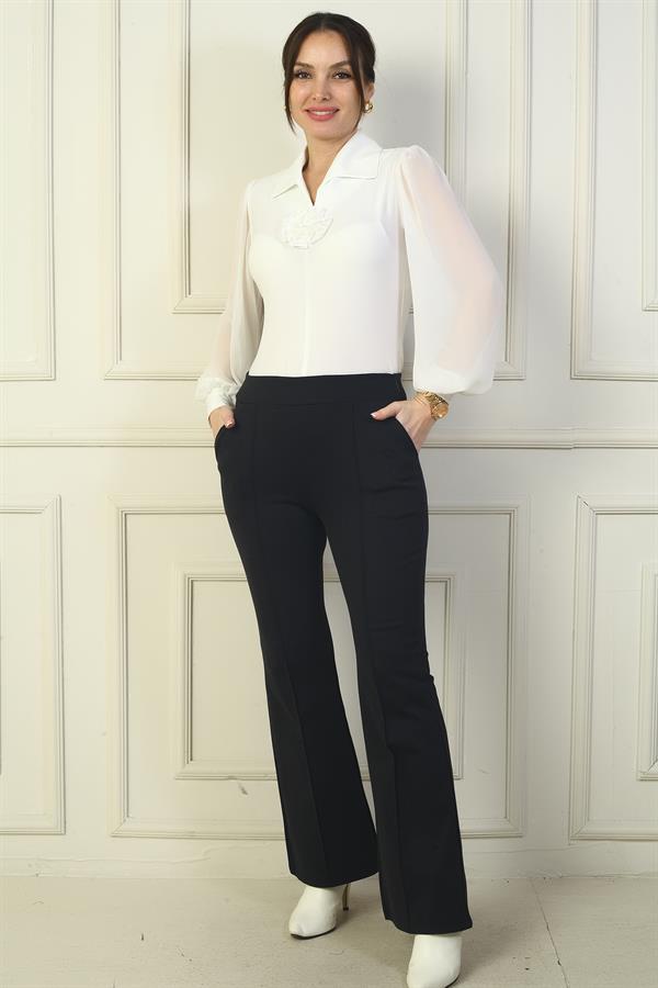 Kadın Beli Lastikli Yandan Cepli İspanyol Paça Çımalı Çelik Pantolon