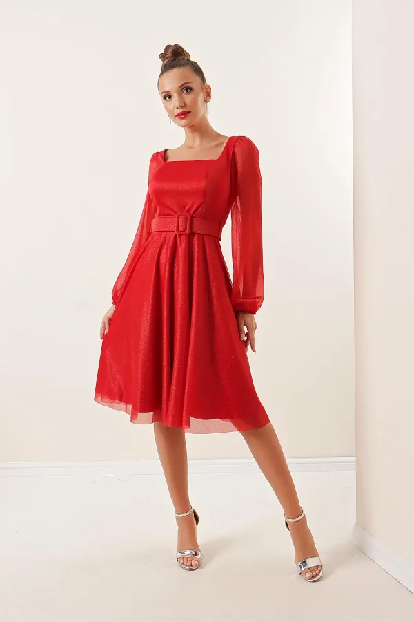 Square Neck Belted Balloon Sleeve Lined Glittery Dress