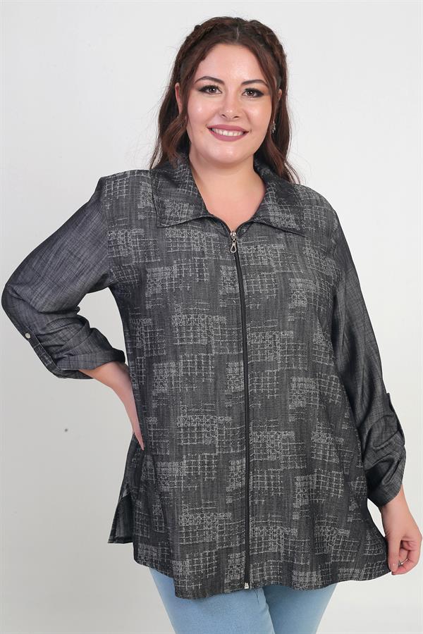 Kadın Kol Katlamalı Önü Fermuarlı Büyük Beden Ceket