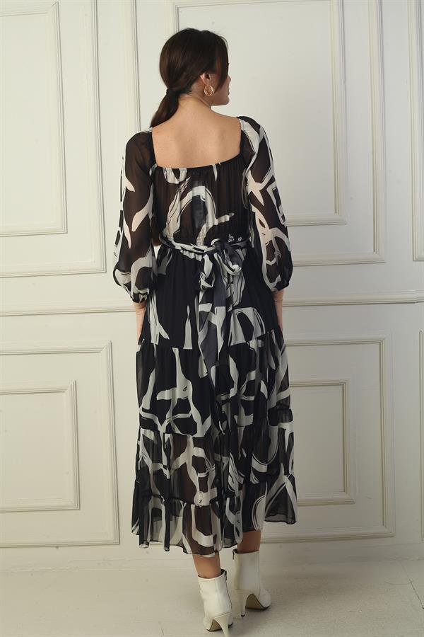 Robe portefeuille en mousseline à encolure Madonna, doublée, à nœuds croisés et motif abstrait