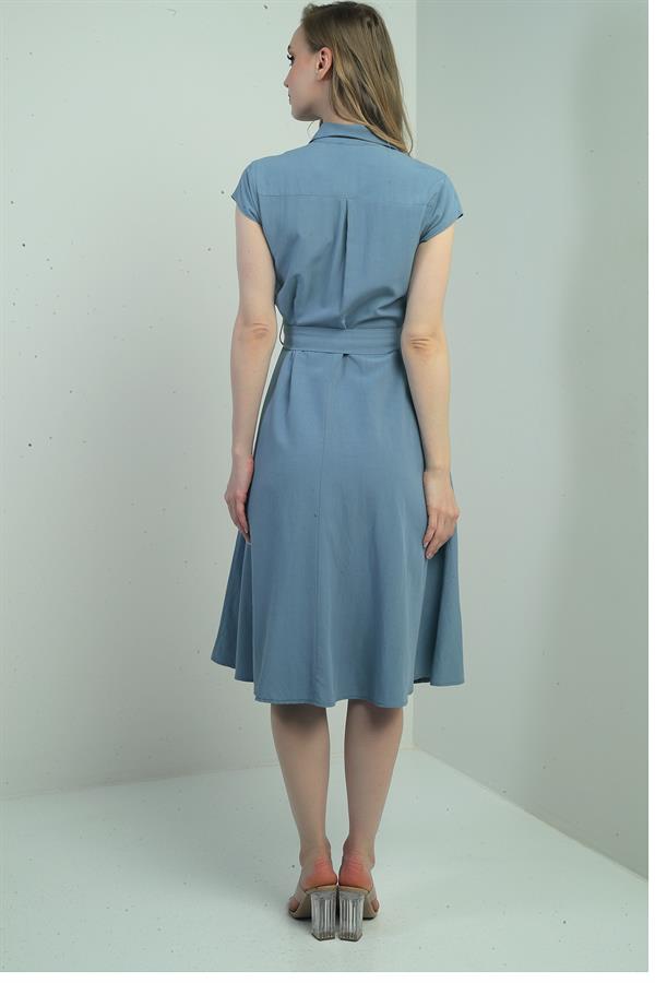 Women's Button-Front Belted Shirt Collar Short-Sleeve Dress