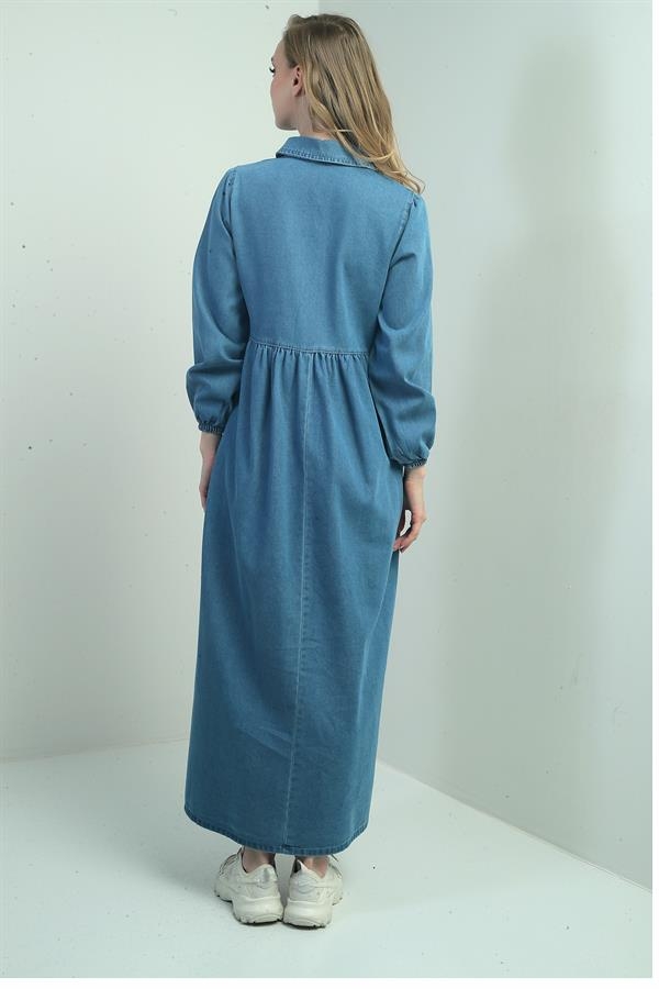 Kadın Önü Yarım Fermuarlı Önü Ve Yanı Cepli Uzun Kot Elbise