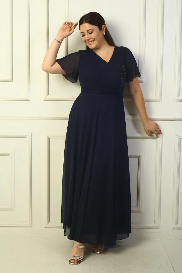 Kadın Kruvaze Yaka Önü Düğümlü Pulpayet Detaylı Astarlı Büyük Beden Uzun Şifon Elbise