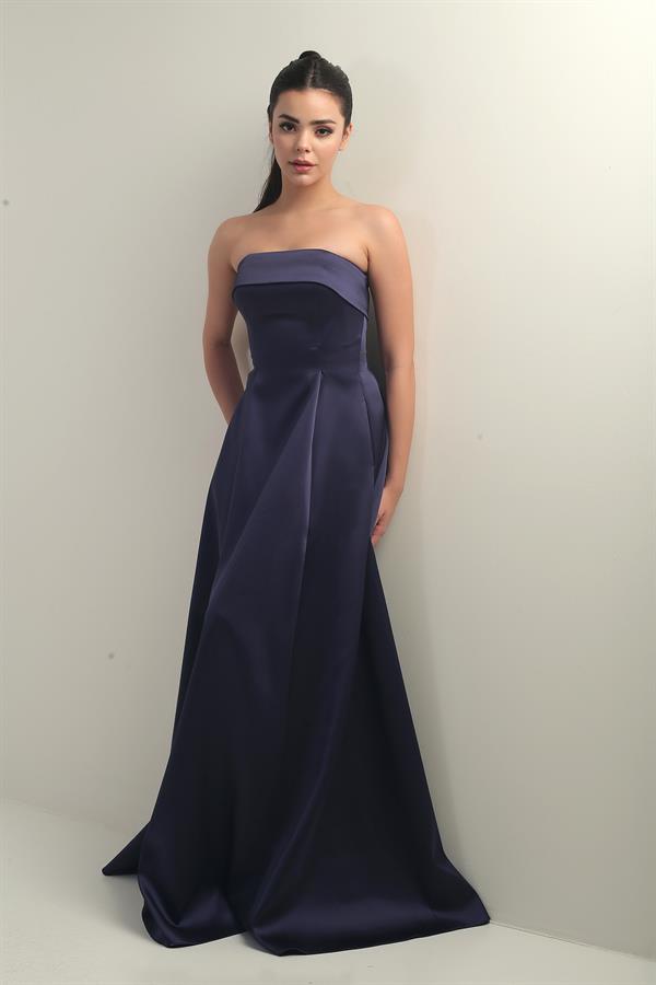 Women's Strapless Lined Long Satin Evening Dress with Pockets