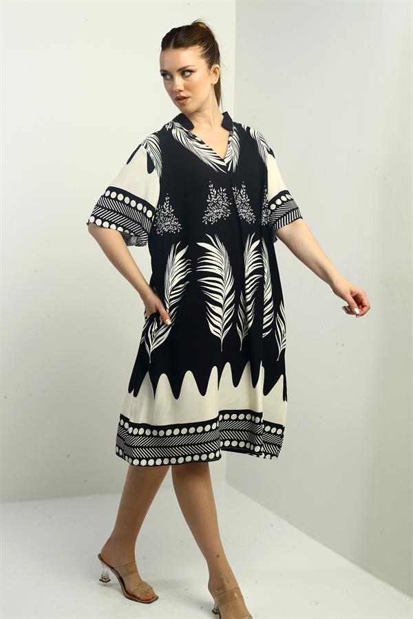 Women's Leaf Patterned Oversize Short Dress with Pockets