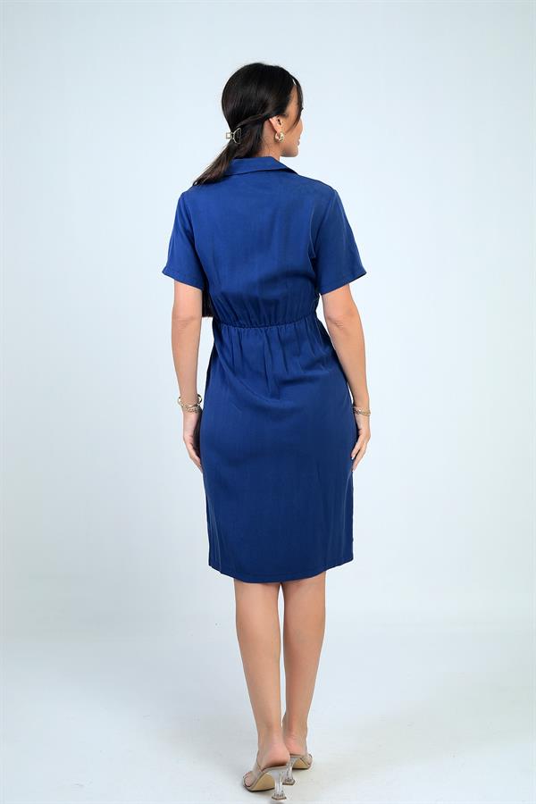 Kadın Ön Bağlamalı Cepli Önü Düğmeli Astarlı Kısa Lyocell Elbise