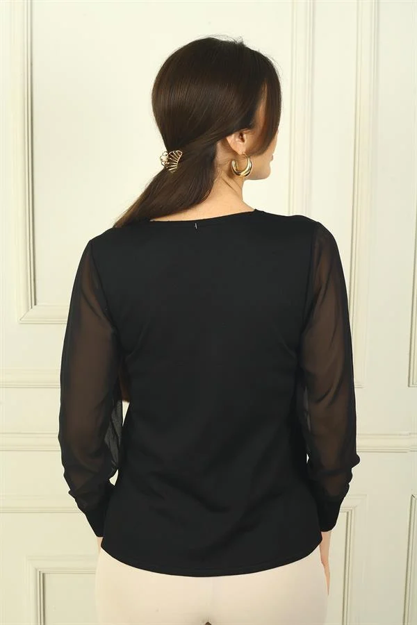 Kadın Merdiven V Yaka Kolları Şifon Kazak