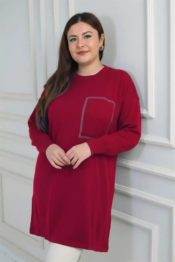 Blouse tunique en maille grande taille pour femme, à une poche avant et imprimé pierre.